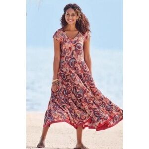 NWOT Soft Surroundings Boho Artsy Kara Tiered Midi Dress Pink Red Paisley 2X 22W